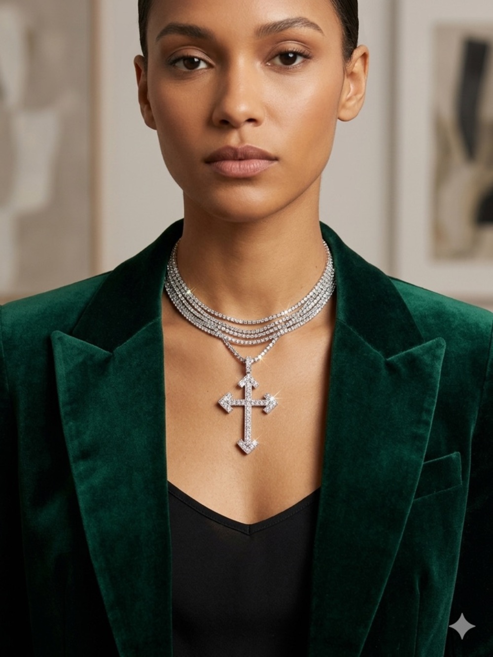High-End European Designer Multi-Strand Crystal Choker Statement Cross